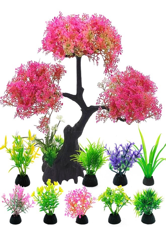 SLOCME Pink Cherry Blossom Tree Aquarium Decor Set - 10 Pcs Artificial Plastic Plants for Fish Tanks, Betta & Goldfish Hiding Accessories, Realistic & Safe Aquarium Decorations (Pink) - Image 1